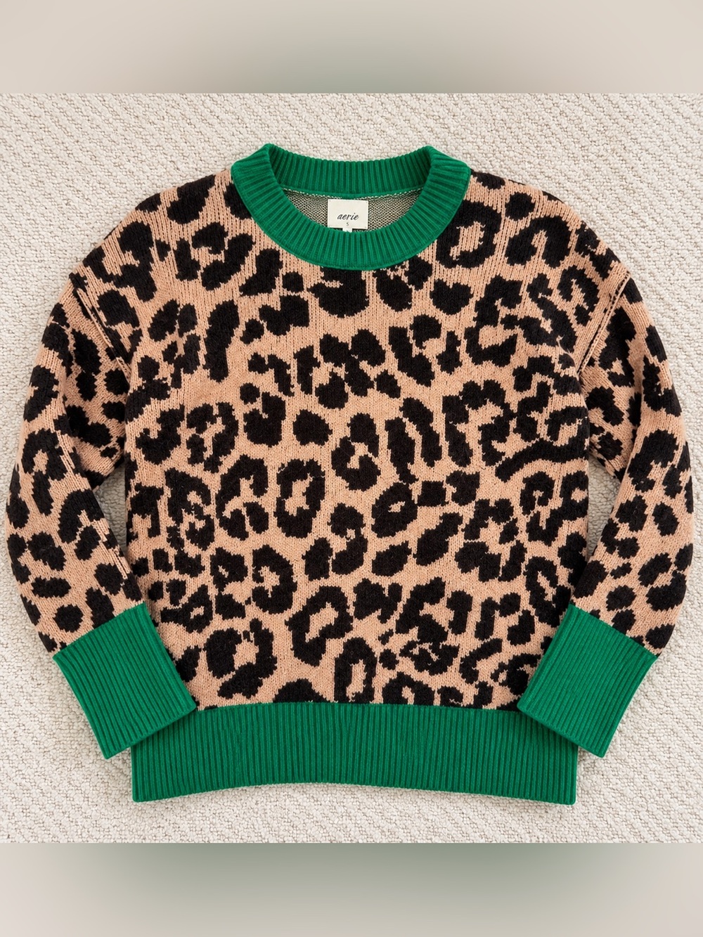 Arrow Leopard Print Crewneck Sweater with Green Trim, XXS